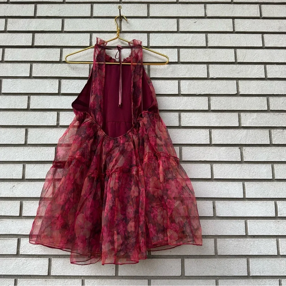 VICI Tiny Dancer Red Floral Tiered Mini Dress Halter Neck Open Back Size Small - Picture 6 of 10